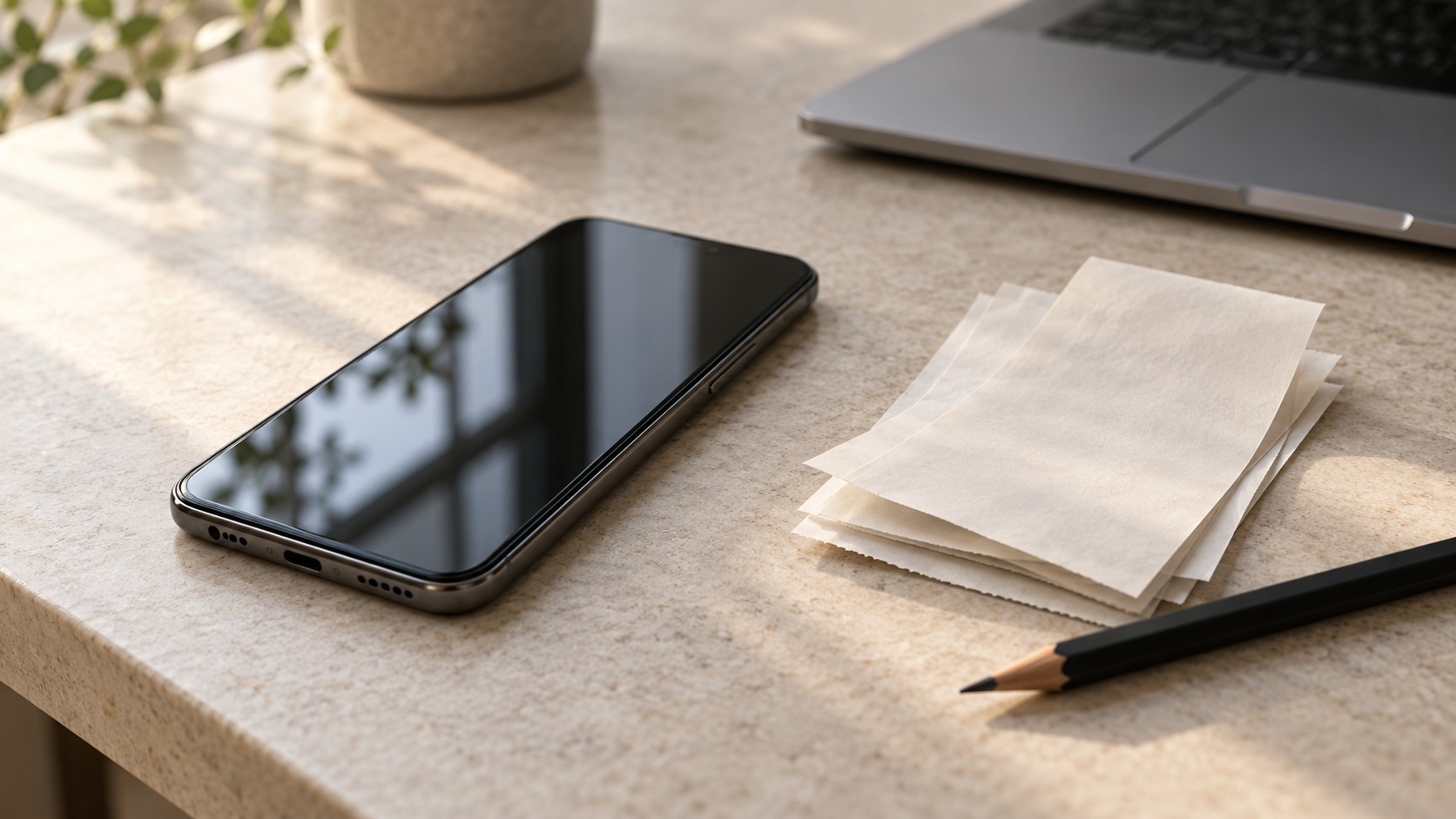 Smartphone beside blank receipts and pencil on desk
